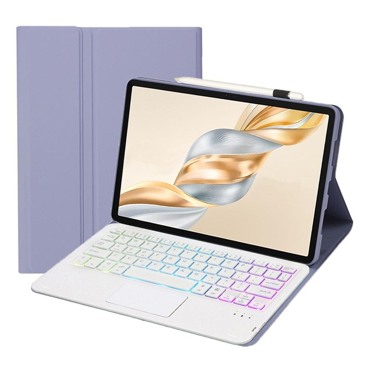 Husa cu tastatura Bluetooth 3.0 pentru Honor Pad X9 Pro 11.5 AH28-AS, cu suport, tastatura detasabila, iluminare tricolor, Lavanda Alba