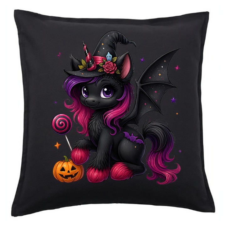 Fata de perna Halloween unicorn intunecat cu aripi – negru 50x50 cm, 1x fata de perna x umplutura