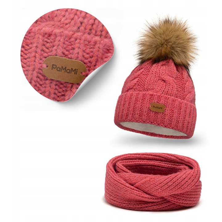 Női téli szett, pamami, csősál sapkával, korall, természetes merinó gyapjú 51%, pamut 49%, polár bélés, műszőrme, kétrétegű csősál, fej kerülete 55-58 cm, sapka mérete 23 cm x 23 cm