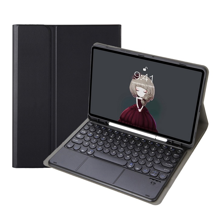 Husa cu tastatura Bluetooth 3.0 pentru Samsung Galaxy Tab S6 Lite 10.4 inch SM-P610 / SM-P615, cu suport, tastatura detasabila, piele PU, Negru