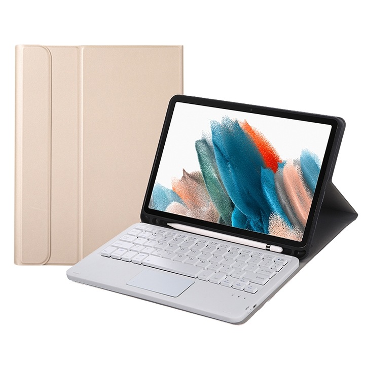 Husa cu tastatura Bluetooth 3.0 pentru Samsung Galaxy Tab A8 2021 SM-X205 / SM-X200, cu suport, tastatura detasabila, slot stylus, piele PU, Auriu