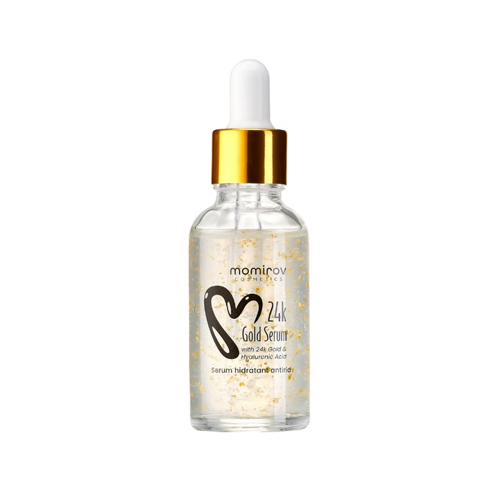 Ser facial cu Aur 24K si Acid Hialuronic, Momirov Cosmetics, cu efect imediat antirid, hidratant, anti-imbatranire, 30 ml