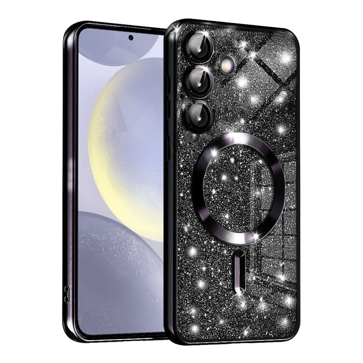 Husa pentru Samsung Galaxy S24 Plus, SKYDDAR INNOVATION, Luxury Glitter Magsafe, Antisoc, Fundal Detasabil 2-in-1, Margini Ridicate, set cu sticker, Negru