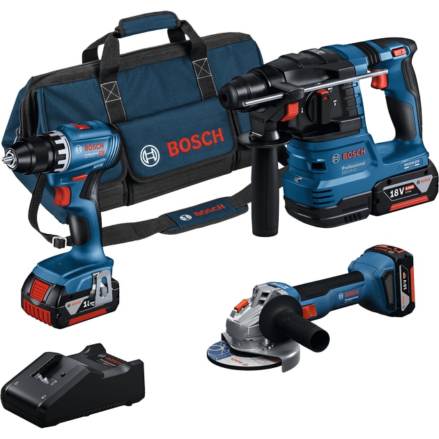 Set 3 scule cu acumulator Bosch Professional 18 V, Masina de gaurit si insurubat GSR 18V-45, Ciocan rotopercutor brushless GBH 18V-22, Polizor unghiular brushless GWS 18V-8 125mm,