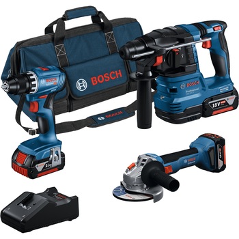 Set 3 scule cu acumulator Bosch Professional 18 V, Masina de gaurit si insurubat GSR 18V-45, Ciocan rotopercutor brushless GBH 18V-22, Polizor unghiular brushless GWS 18V-8 125mm, 3 acumulatori 18V, 4Ah, Incarcator 4Ah, Geanta textila