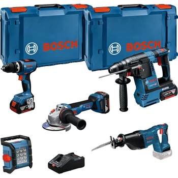 Set 5 scule cu acumulator Bosch Prodessional 18 V, Masina de gaurit si insurubat GSB 18V-65, Ciocan rotopercutor GBH 18V-26, Polizor GWS 18V-11, Ferastrau sabie GSA 18V-LI, Proiector GLI 18V-1200 C, 3 acumulatori 5.0Ah, incarcator GAL 18V-160, L-box