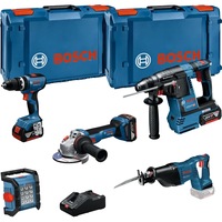 Set 5 scule cu acumulator Bosch Prodessional 18 V, Masina de gaurit si insurubat GSB 18V-65, Ciocan rotopercutor GBH 18V-26, Polizor GWS 18V-11, Ferastrau sabie GSA 18V-LI, Proiector GLI 18V-1200 C, 3 acumulatori 5.0Ah, incarcator GAL 18V-160, L-box