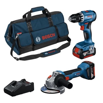 Set 2 scule cu acumulator Bosch Professional 18 V, Masina de gaurit si insurubat GSR 18V-45, Polizor unghiular brushless GWS 18V-8, 2 acumulatori 4.0Ah, Incarcator GAL 18V-40, Geanta textila
