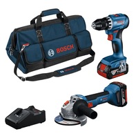 Set 2 scule cu acumulator Bosch Professional 18 V, Masina de gaurit si insurubat GSR 18V-45, Polizor unghiular brushless GWS 18V-8, 2 acumulatori 4.0Ah, Incarcator GAL 18V-40, Geanta textila