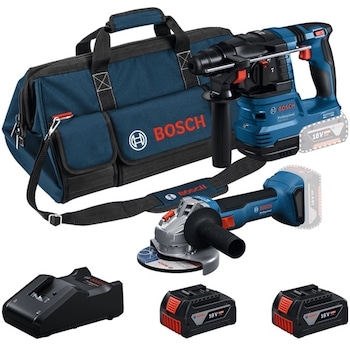 Set 2 scule cu acumulator Bosch Professional 18 V, Polizor unghiular brushless GWS 18V-8, Ciocan rotopercutor GBH 18V-22, 2 acumulatori 4Ah, Incarcator GAL 18V-40, geanta textila