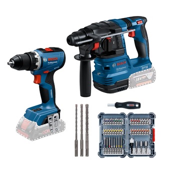 Set 2 scule pe acumulator Bosch Professional 18 V, Masina de gaurit si insurubat GSR 18V-65, Ciocan rotopercutor GBH 18V-22, set 45 de accesorii, fara baterie si incarcator