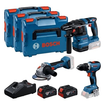 Set 3 scule pe acumulator Bosch Professional 18 V, Masina de gaurit si insurubat GSR 18V-65 brushless, Ciocan rotopercutor GBH 18V-22 brushless, Polizor unghiular brushless GWS 18V-8, 2 acumulatori 2X5.0Ah, Incarcator GAL18V-40, 3 valize L-box