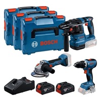 Set 3 scule pe acumulator Bosch Professional 18 V, Masina de gaurit si insurubat GSR 18V-65 brushless, Ciocan rotopercutor GBH 18V-22 brushless, Polizor unghiular brushless GWS 18V-8, 2 acumulatori 2X5.0Ah, Incarcator GAL18V-40, 3 valize L-box