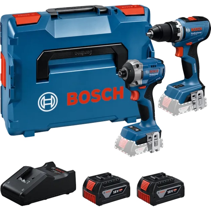 Set 2 scule pe acumulator Bosch Professional 18 V, Masina de gaurit si insurubat brushless GSR 18V-65, Masina de insurubat cu impact GDR 18V-215, 2 acumulatori 5.0Ah, incarcator GAL 18V-40, valiza L-box