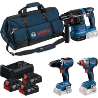 Set 3 scule pe acumulator Bosch Professional 18 V, Masina de gaurit si insurubat brushless GSR 18V-65, Masina de insurubat cu impact GDX 18V-285, Ciocan rotopercutor GBH 18V-22, 3 acumulatori 5.0Ah, Incarcator GAL 12V/18V-80, geanta textila