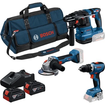 Set 3 scule pe acumulator Bosch Professional 18 V, Masina de gaurit si insurubat brushless GSR 18V-65, Polizor unghiular brushless GWS 18V-8, Ciocan rotopercutor GBH 18V-22, 2 acumulatori 4.0Ah, Incarcator GAL18V-40, genata textila