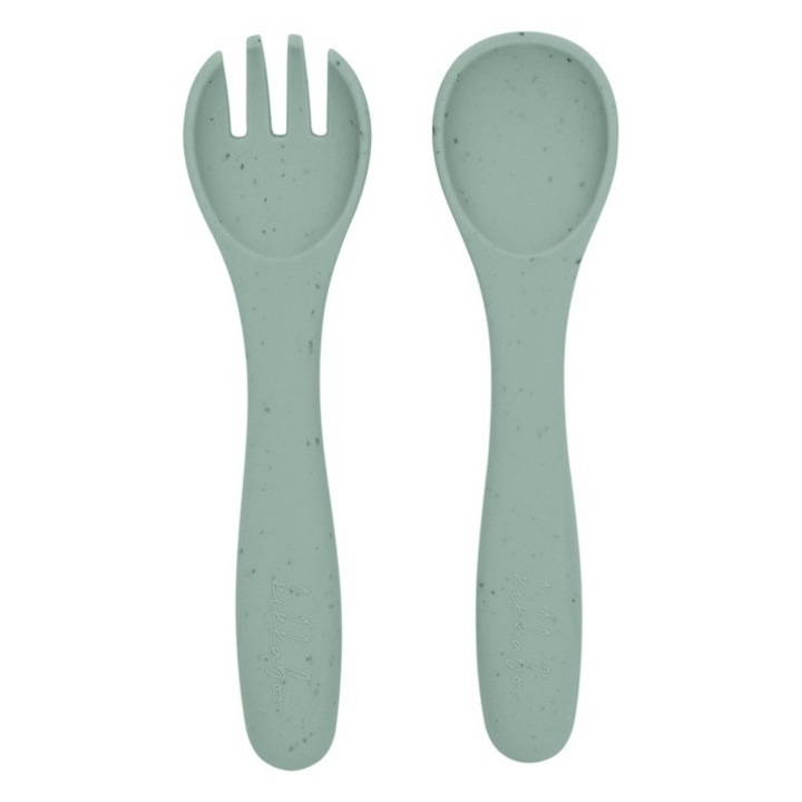 Set furculita si lingurita pentru bebelusi din silicon alimentar, Platinum Sage