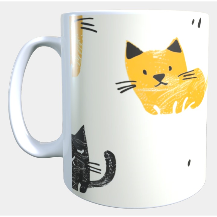 Cana ceramica personalizata „Pisici minimaliste galben-negru” – 330 ml, alba