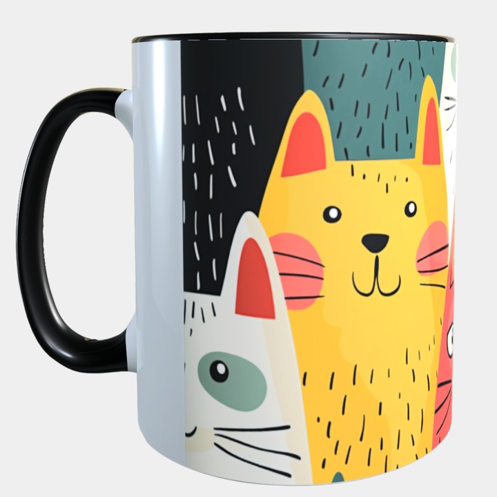 Cana ceramica personalizata „Pisici colorate – design abstract” – 330 ml, interior si toarta neagra