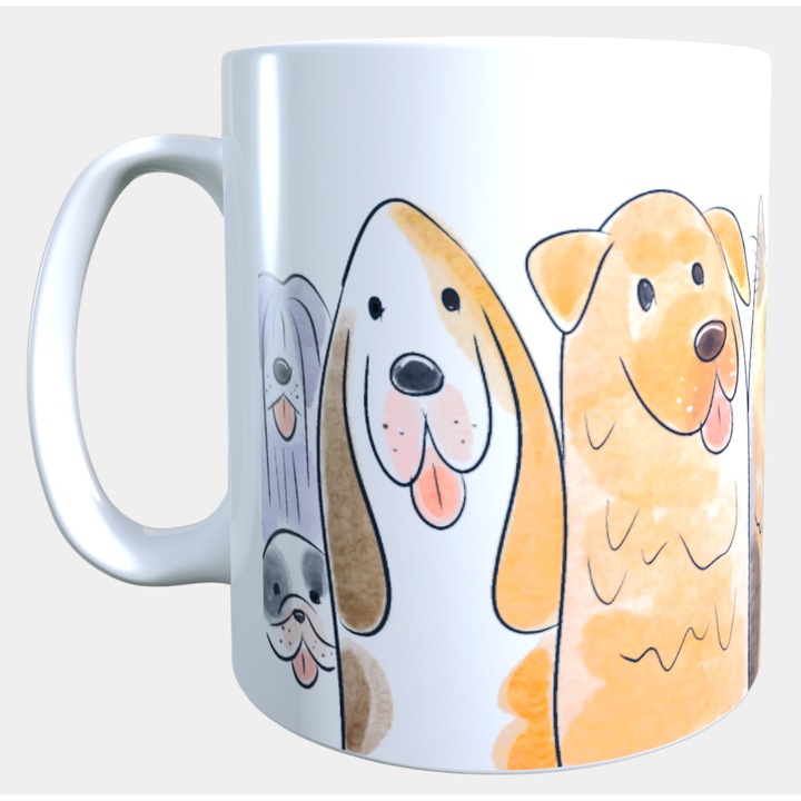 Cana ceramica personalizata „Caini veseli de rase diferite” – 330 ml, alba