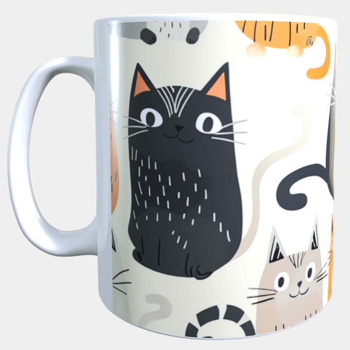 Cana ceramica personalizata „Pisici grafice alb-negru-portocaliu” – 330 ml, alba