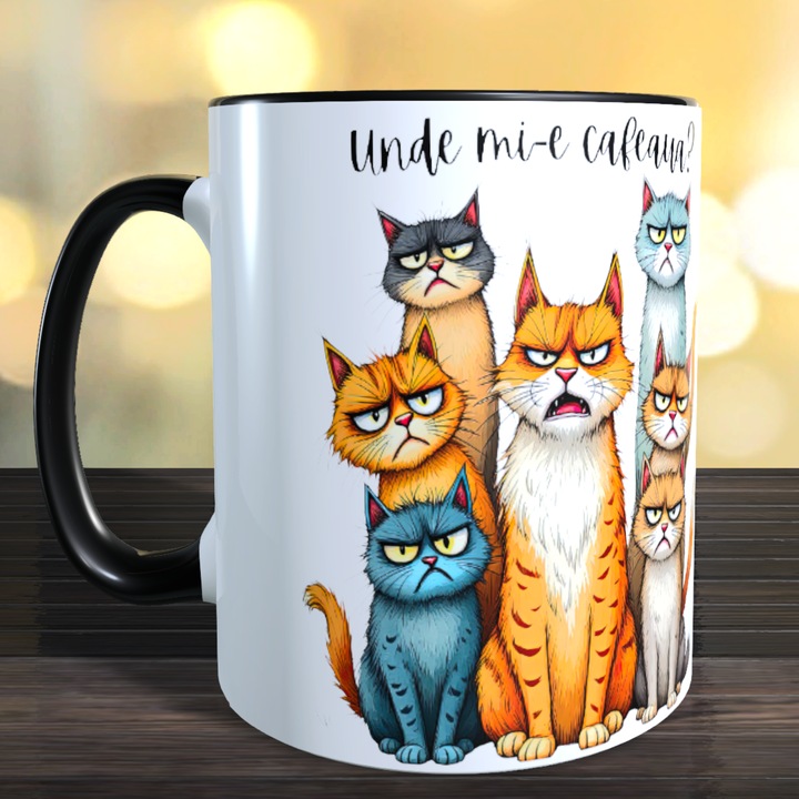 Cana ceramica personalizata „Unde mi-e cafeaua?” – 330 ml, interior si toarta albastra