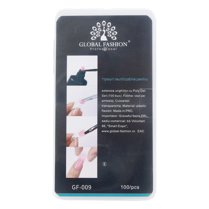 100 db műköröm tipp készlet, Global Fashion, ovális/négyzet alakú, újrafelhasználható, átlátszó