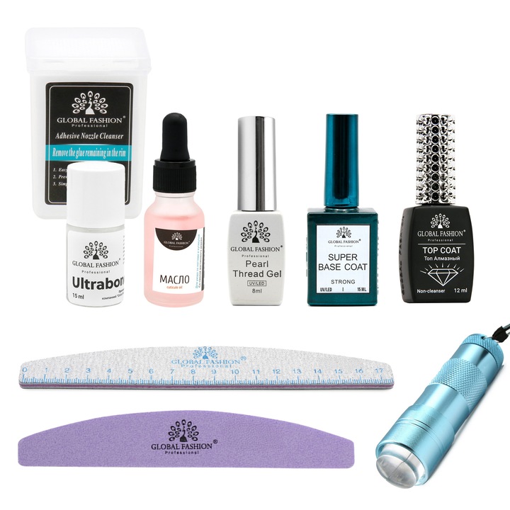 Global Fashion körömtermék szett, cellulóz törlőkendő, Cleaner 3 az 1-ben, Ultra Bond, Super Base Coat, Egg Shell Gel, Top Coat, lámpa, körömágybőr olaj