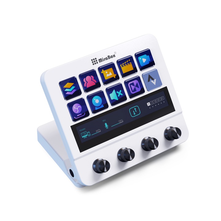 Stream Deck, Bluvista®, 8 taste macro LCD personalizabile, suport de birou, functioneaza cu OBS, YouTube, Twitch, mixer audio, pluginuri, compatibil cu PC & MAC, Alb