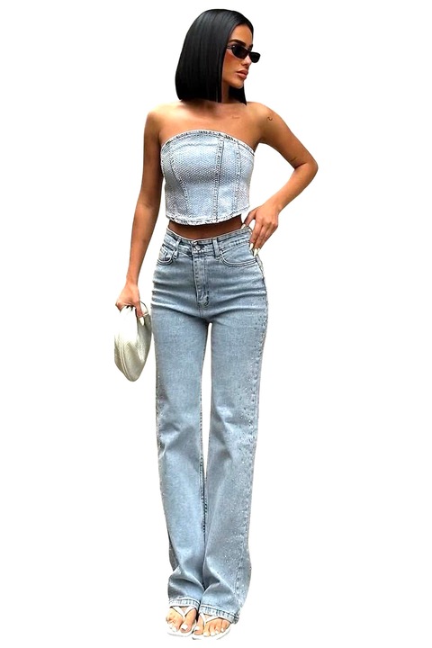 Blugi lejeri de dama SEVRA, cu detalii din cristale, Albastru deschis