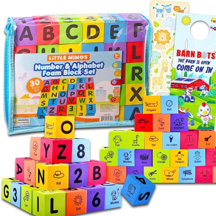 Jucarii educative 30 cuburi din spuma cu litere, cifre, ilustratii si cuvinte in limba engleza
