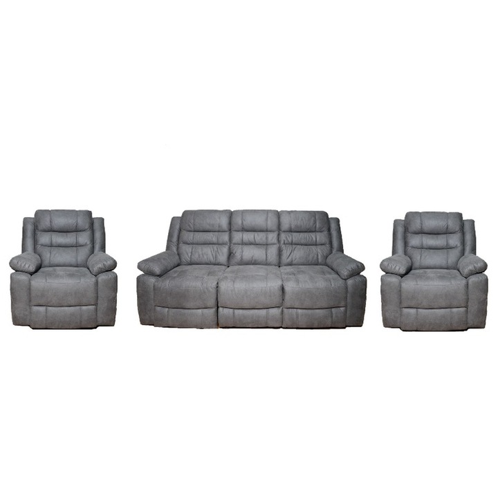 Set Adaline Grey, Mobila Domnel, canapea 3 loc cu 2 reclinere electrice si USB si 1 fotoliu cu recliner electric si USB, 1 fotoliu cu recliner manual, Stofa poliester 100% Nubuck