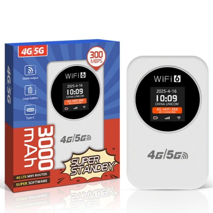 Zseb modem WIFI 4/5G LTE, LCD kijelző, több csatlakozási lehetőség, akkumulátorral és kártyanyílással, C típusú töltés, nagy teljesítményű akkumulátor, különféle felhasználási forgatókönyvekhez alkalmas, könnyen hordozható, AjieQaQ, Fehér