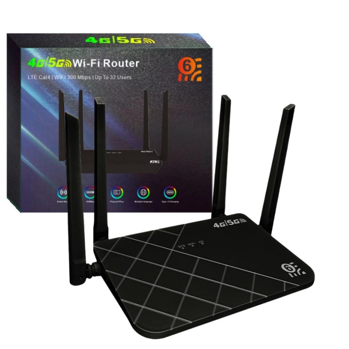 Router Wireless 4G/5G WiFi LTE, 300 Mbps Conectivitate Stabila si Securizata, Cartela SIM poate fi introdusa, Echipat cu porturi WAN/LAN, functioneaza pe frecventa de 2.4 GHz si este dotat cu 4 antene, iar semnalul poate trece prin perete, Negru