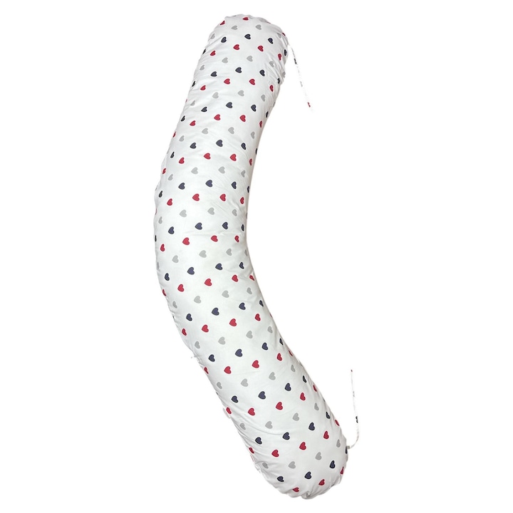 Perna gravide 3 in 1 Lucia, Circulatie optima aer, Anti-alergenica, Model inimi colorate, 135x35 cm, husa detasabila