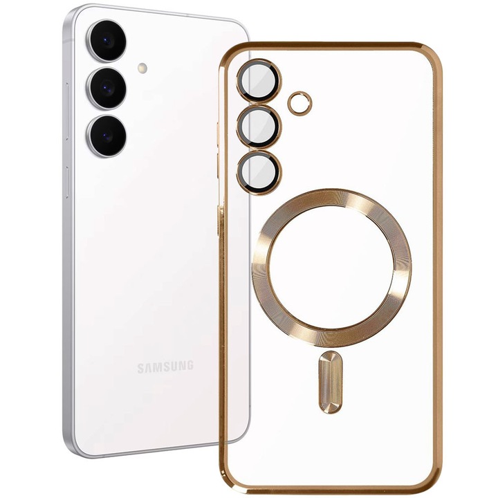 Husa cu magnet pentru Samsung Galaxy S25 FE, Glamour MagCase, Protectie lentile camere, Rama electroplacata, Accente metalizate, Margini ridicate, Incarcare wireless, Magnetica, Auriu