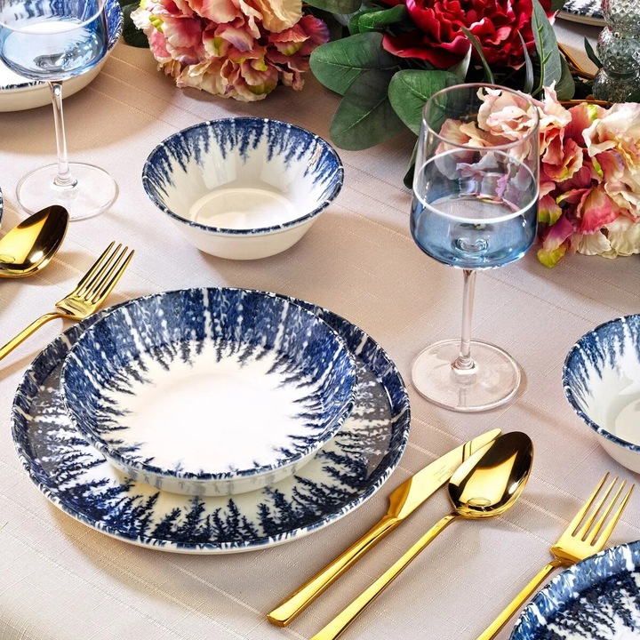 Set masa 12 buc, portelan, Asir Dinner Set albastru-alb