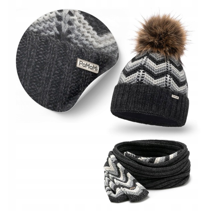 Női téli szett, pamami, sötétszürke, szigetelő sapka, sál, polár bélés, szőrme pompon, antisztatikus réteg, anyag: 85% akril, 15% poliamid, szett tartalma: sapka és sál, univerzális méret, fagyálló