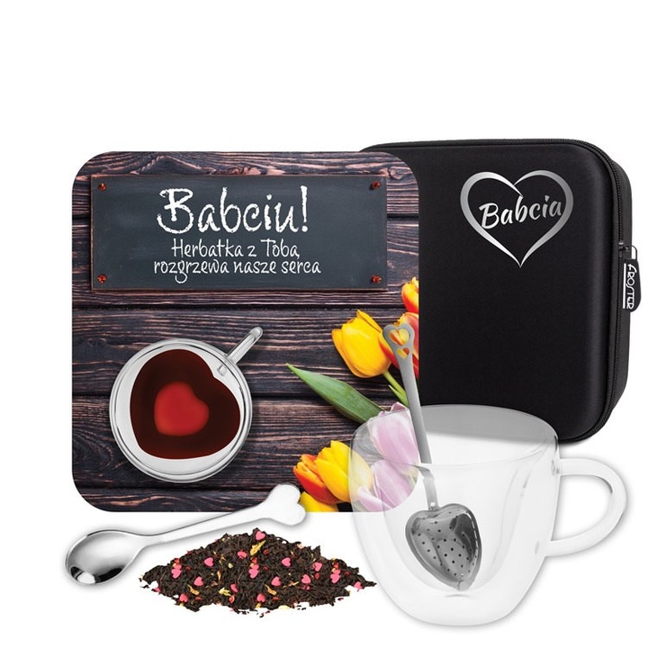 Infuzor termic de ceai, Gift set, forma de inima, 250 ml, pahar cu pereti dubli, ceai negru cu inimioare de zahar, capsuni lyophilizate, iasomie, eleganta, ambalaj decorativ