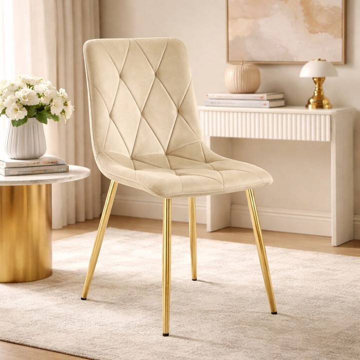 Scaun bucatarie/living, Artool, Libra, catifea bej, picioare metal auriu, 45x54x86.5 cm