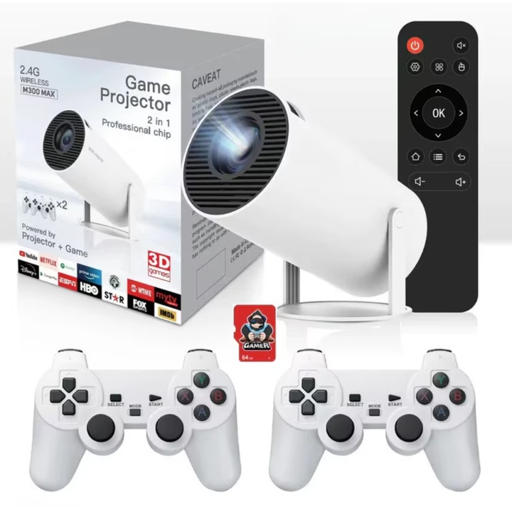 Videoproiector Portabil Smart 2-in-1 AOKANG AK-300 MAX, Suport 4K Ultra HD, Android TV 12, Auto Corectie Imagine, Wi-Fi6, Bluetooth 5.0., Difuzor Incorporat, 1028 Jocuri Preinstalate, Manete Incluse, Alb