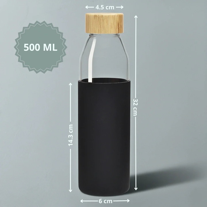 Стъклена бутилка Salestore.ro® 500мл от боросиликатно стъкло с неплъзгащ се силиконов калъф, многократна употреба, бамбукова капачка, устойчива на горещи/студени напитки, вода/сок/чай/кафе, 23x6 см, синя