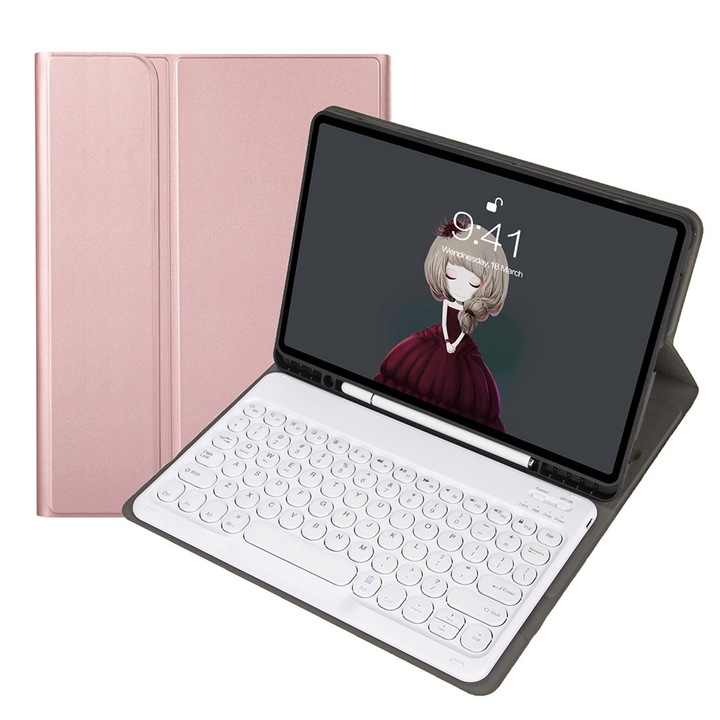 Husa cu tastatura Bluetooth 3.0 pentru Samsung Galaxy Tab A8 10.5 2021 SM-X200 / SM-X205, cu suport, tastatura detasabila, taste rotunde, culoare Auriu Roz