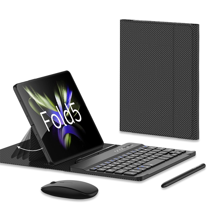 Husa cu tastatura Bluetooth pentru Samsung Galaxy Z Fold5, cu suport, tastatura detasabila, slot stylus, piele PU, Negru