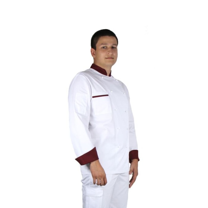 Tunica bucatar EDY Premium, alba cu bordura grena, S