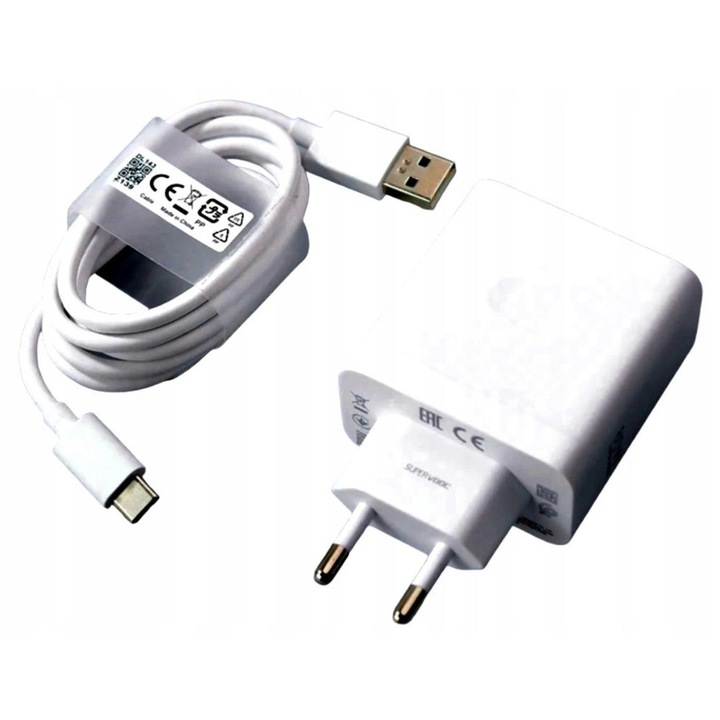Incarcator DASOKE SuperVooC USB 80W, inclus cablu 8A, USB la Type-C, transfer date si incarcare, 1m, alb