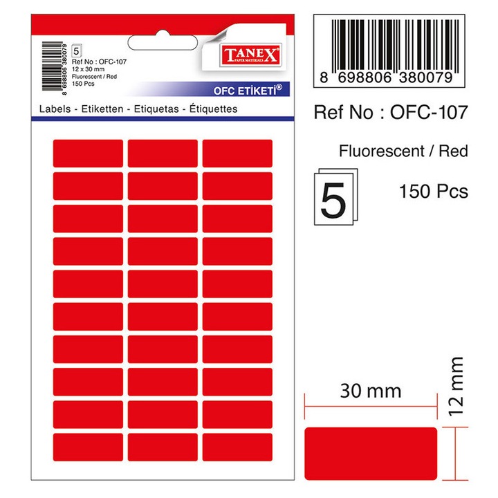 Etichete Autoadezive Color, 12 X 30 Mm, 150 Buc/set, Tanex - Rosu Fluorescent