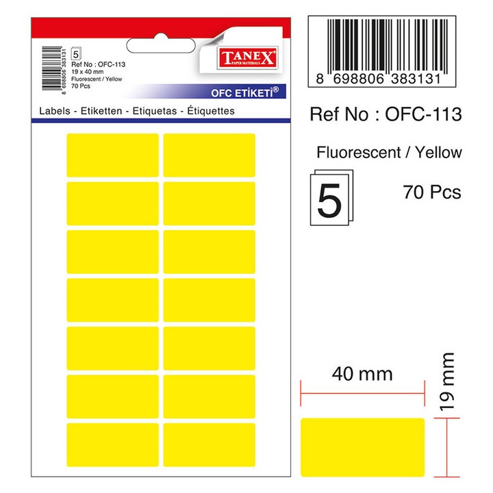 Etichete Autoadezive Color, 19 X 40 Mm, 70 Buc/set, Tanex - Galben Fluorescent