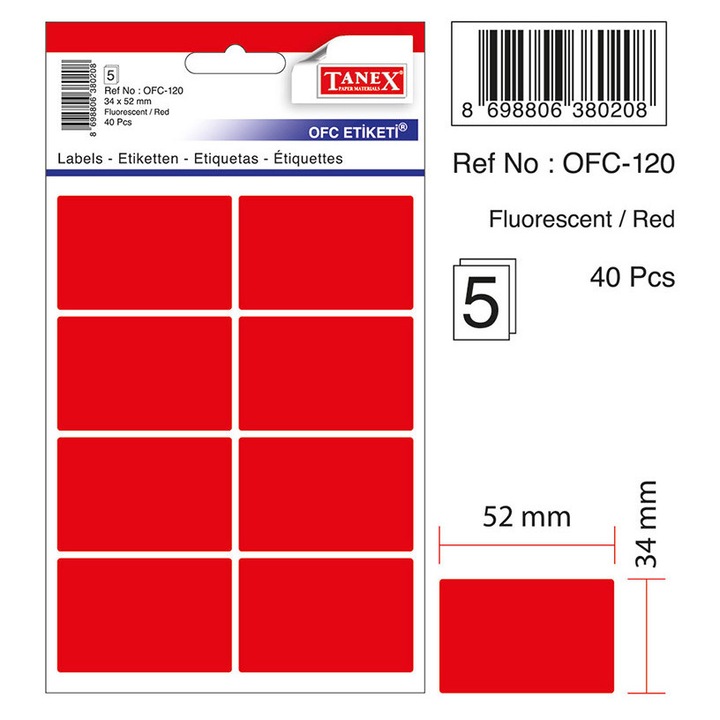 Etichete Autoadezive Color, 34 X 52 Mm, 40 Buc/set, Tanex - Rosu Fluorescent