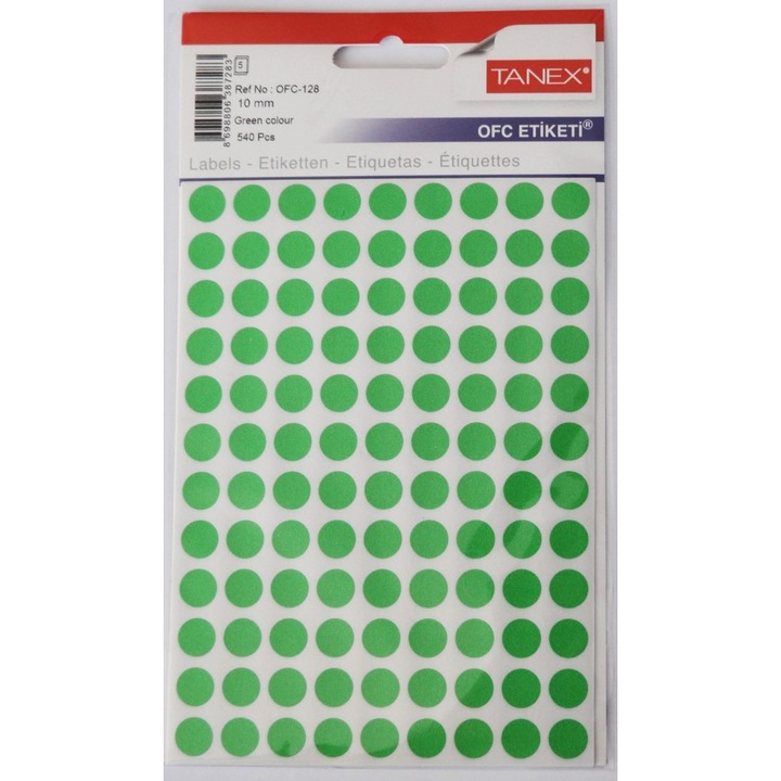 Öntapadós címkék, 540 db-os készlet, Tanex, 10 mm átmérő, zöld